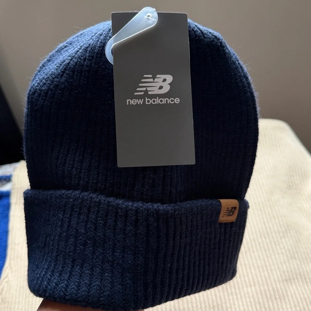 New Balance Navy Ribbed Cuff Beanie with Leather Logo